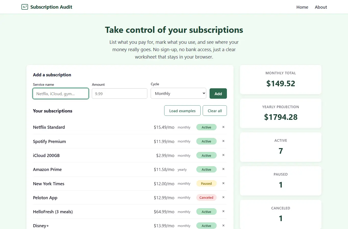 Screenshot of Subscription Audit Checklist interface showing the project page in use
